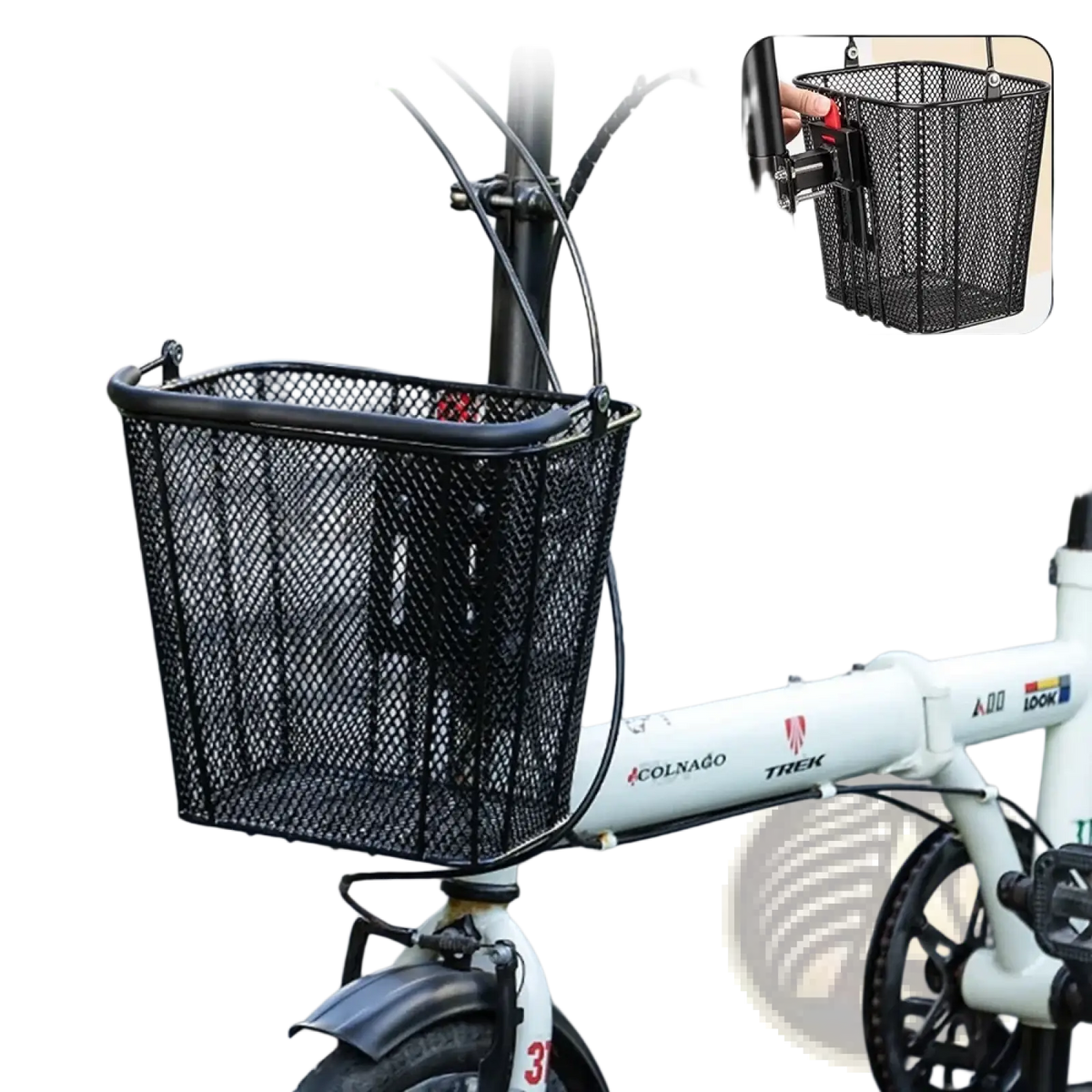 Black mesh metal bicycle front basket by Newboler with quick-release detachable attachment for easy use