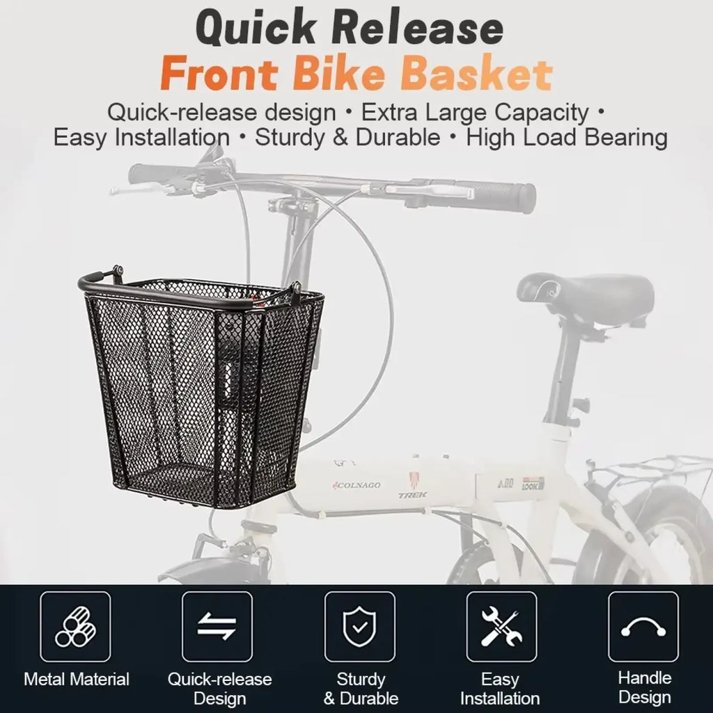 Black metal mesh front bike basket by Newboler with quick-release detachable design for easy mounting and removal
