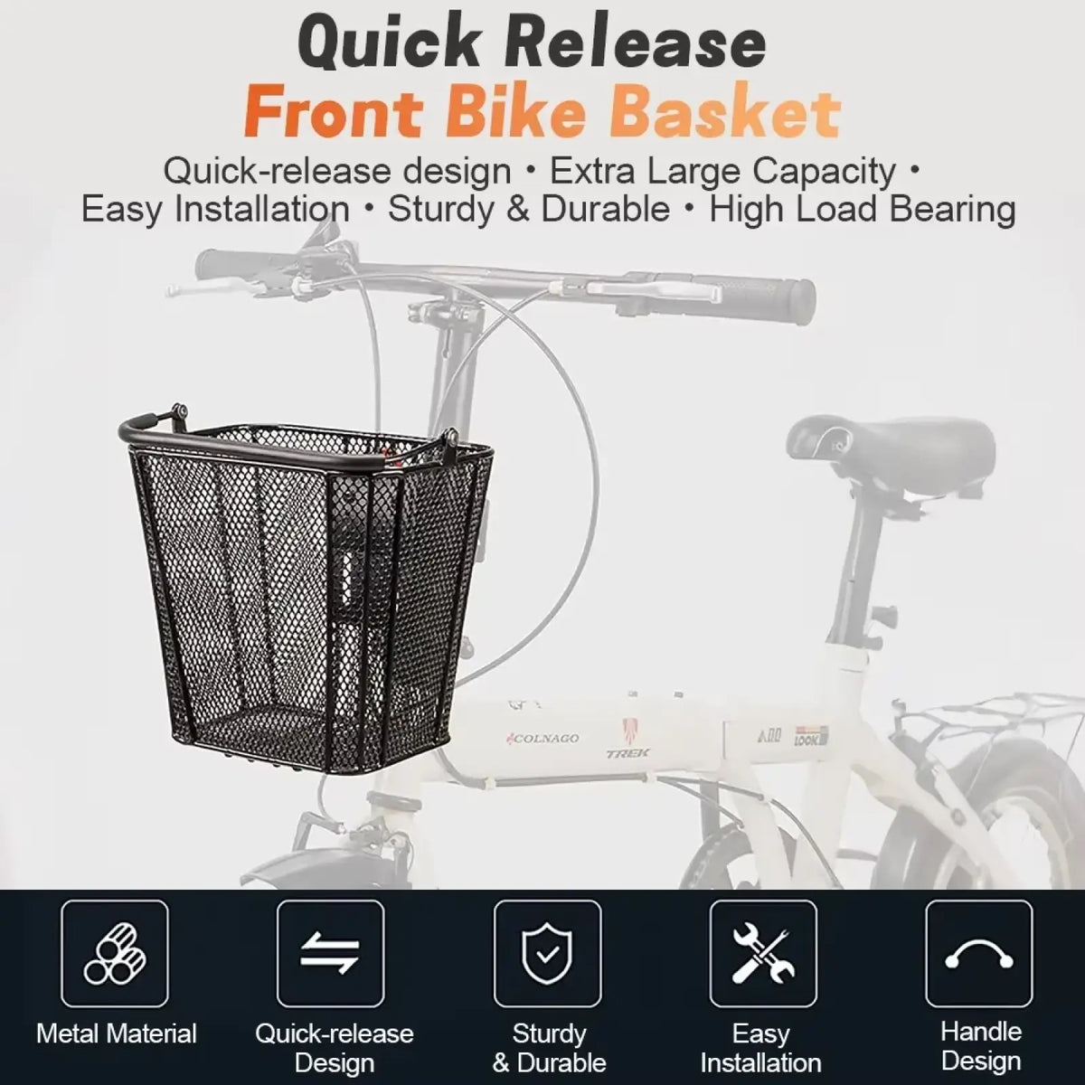 Black metal mesh front bike basket by Newboler with quick-release detachable design for easy mounting and removal