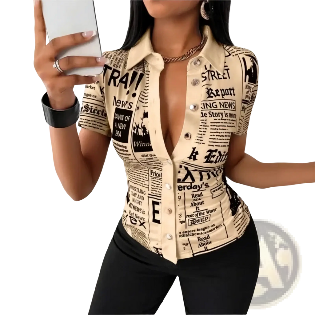 Beige short-sleeved button-up blouse with black newspaper print design ideal for casual or office wear