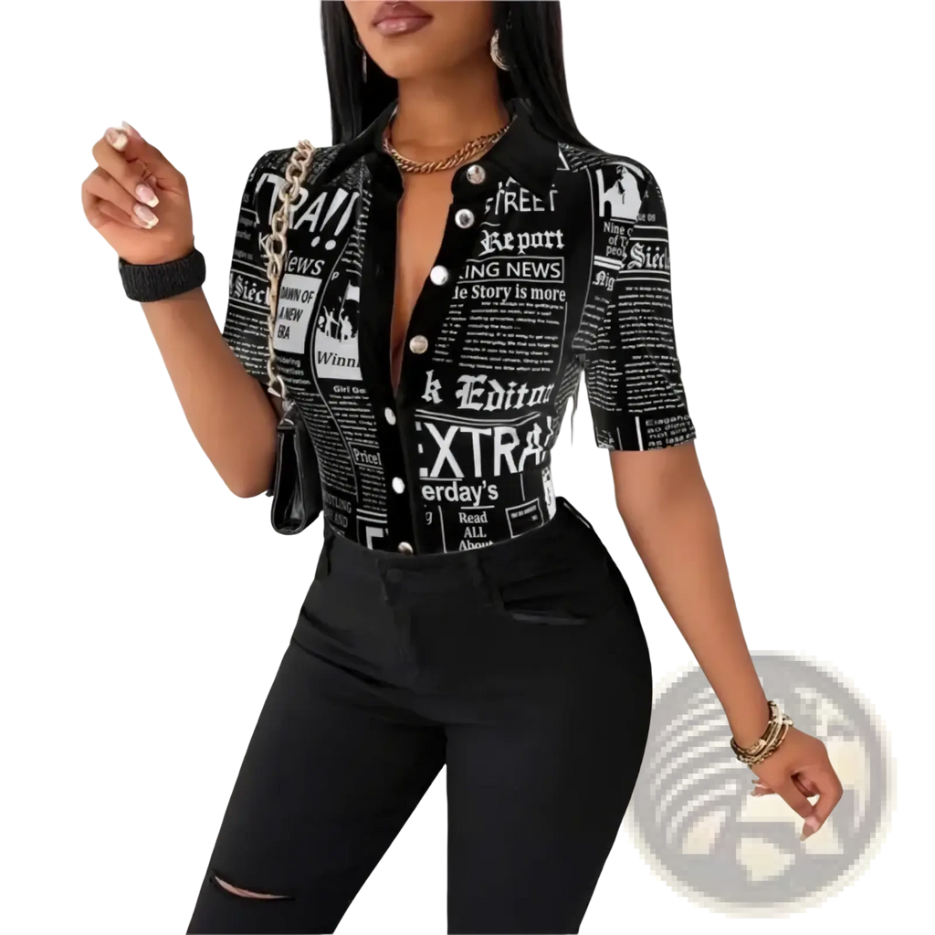 Black short-sleeved newspaper print blouse with silver button closures perfect for casual or office wear