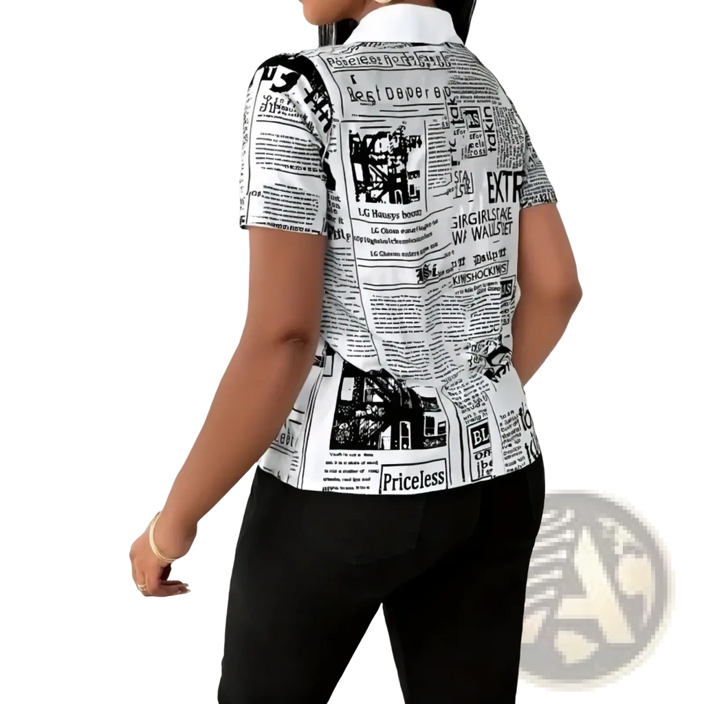 Black and white newspaper print short-sleeved button up blouse with crisp collar in lightweight fabric
