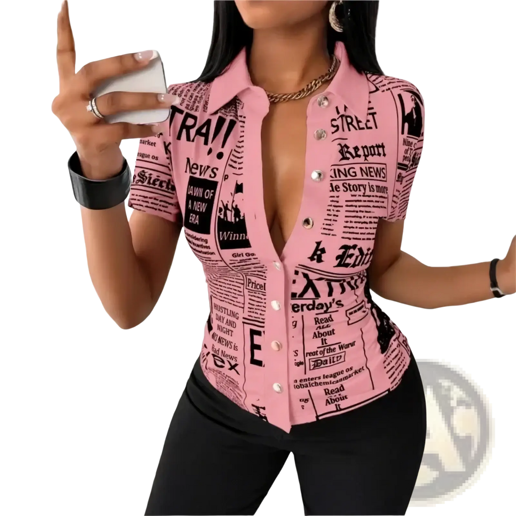 Pink short-sleeved button-up blouse with black newspaper print design ideal for casual and stylish wear