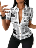 Newspaper print button up blouse featuring black and white short-sleeved design with gold toned buttons