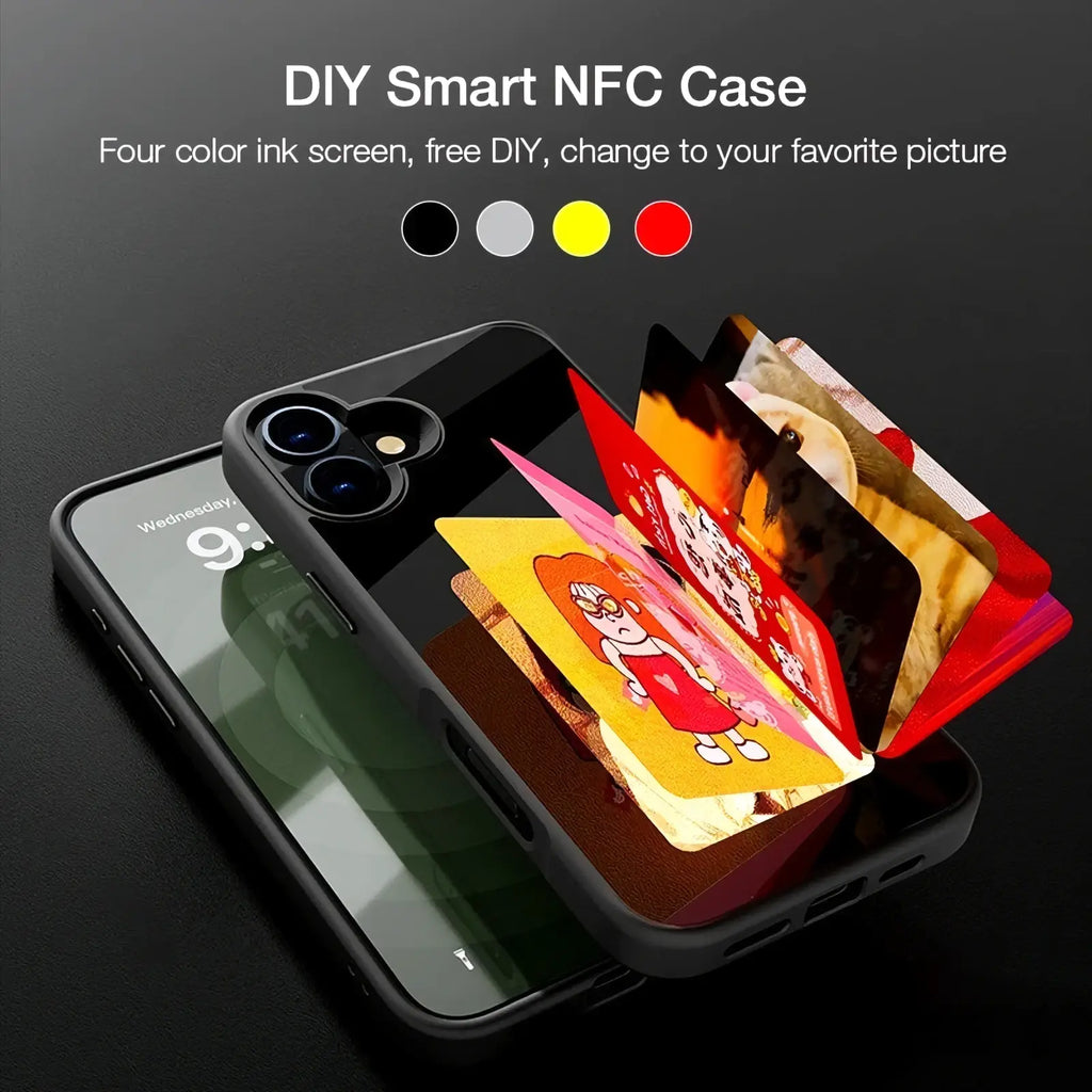 Black diy nfc e-ink smart phone case with customizable color ink screen and card slots shown from back side