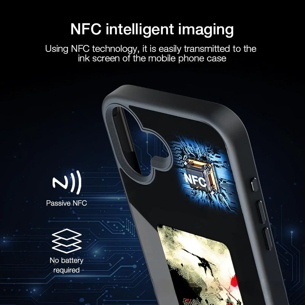 Black nfc e-ink diy smart phone case back side showing passive nfc technology with intelligent imaging feature