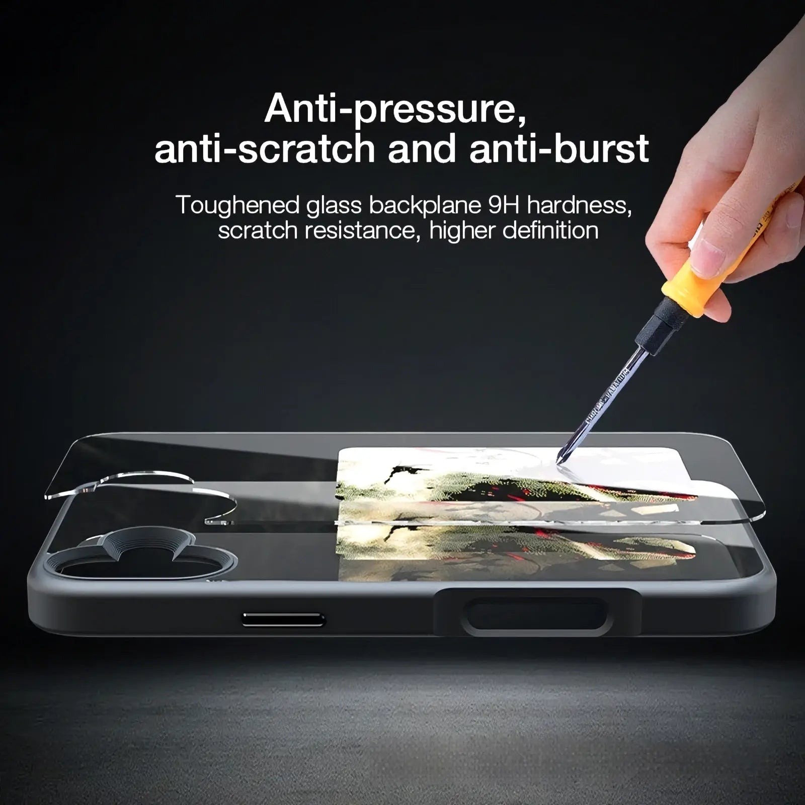Black nfc e-ink diy smart phone case with tempered glass backplane and protective bumper shown from the back side