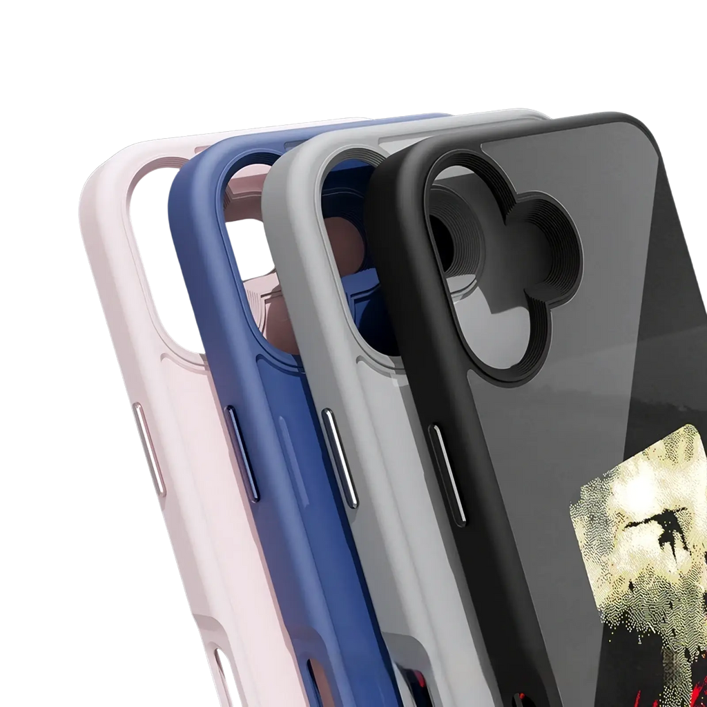 Back side of a sleek transparent nfc e-ink diy smart phone case with a black mickey mouse camera cutout and gritty design
