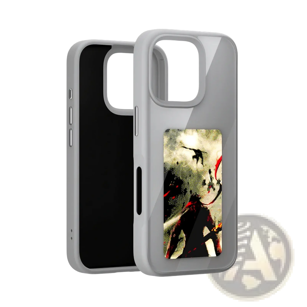 Gray transparent nfc e-ink diy smart phone case back side with dark figure graphic and red accents on stormy background