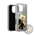 Gray transparent nfc e-ink diy smart phone case back side with dark figure graphic and red accents on stormy background
