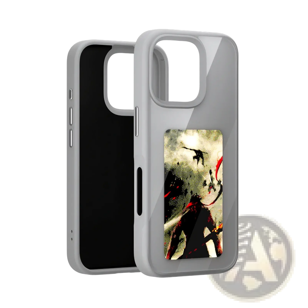 Gray transparent nfc e-ink diy smart phone case back side with dark figure graphic and red accents on stormy background