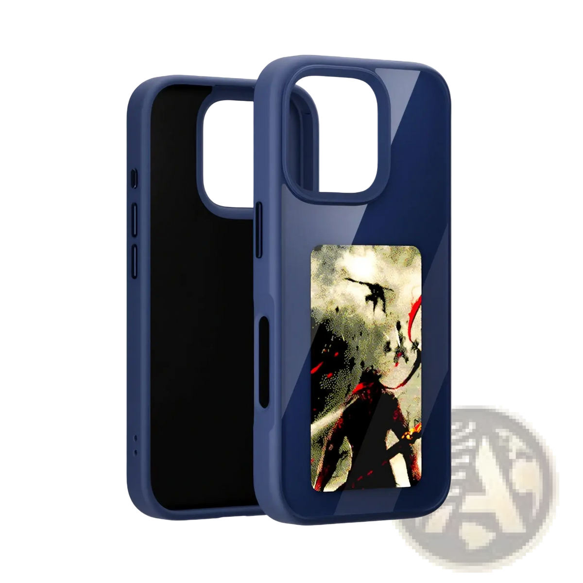Blue glossy nfc e-ink diy smart phone case back with dark red and black figure on textured cloudy background
