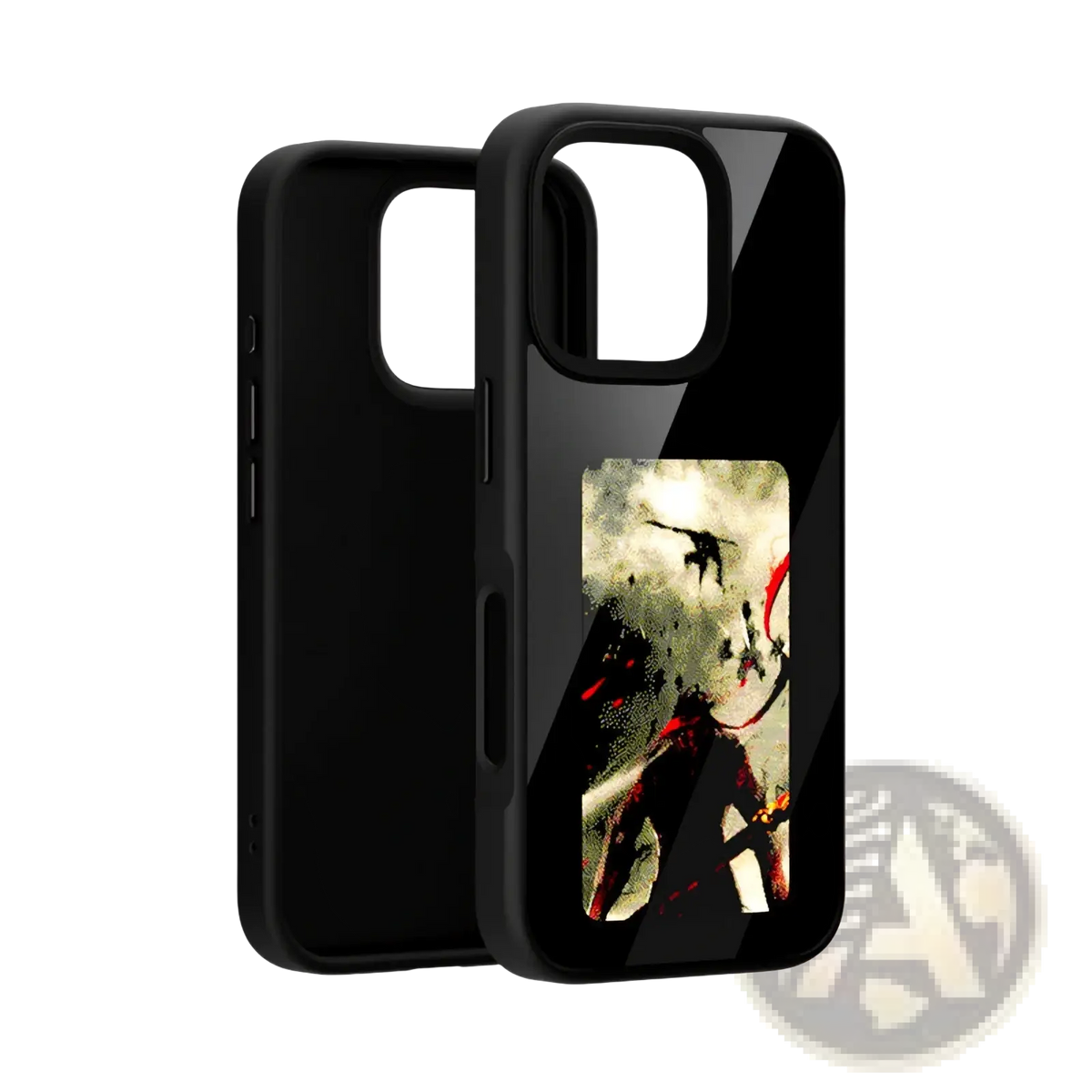 Black glossy nfc e-ink diy smart phone case back with anime-style red and black figure on a textured cloudy background