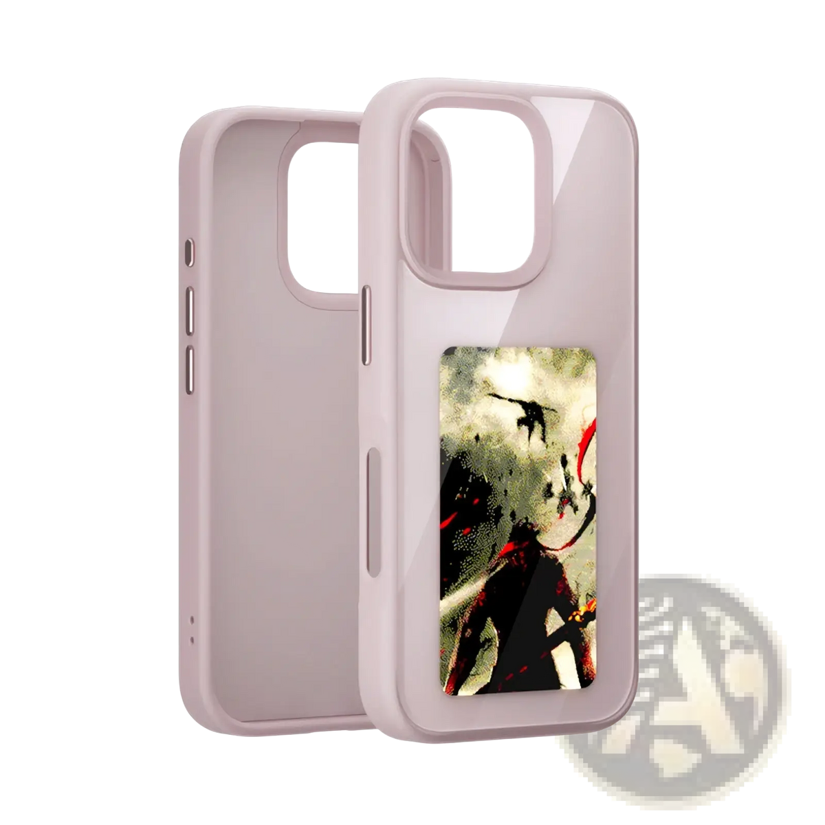 Translucent lavender nfc e-ink diy smart phone case back with anime-style character design and red accents