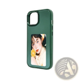 Dark green glossy nfc e-ink projection phone case with kickstand showing back featuring woman holding orange slice