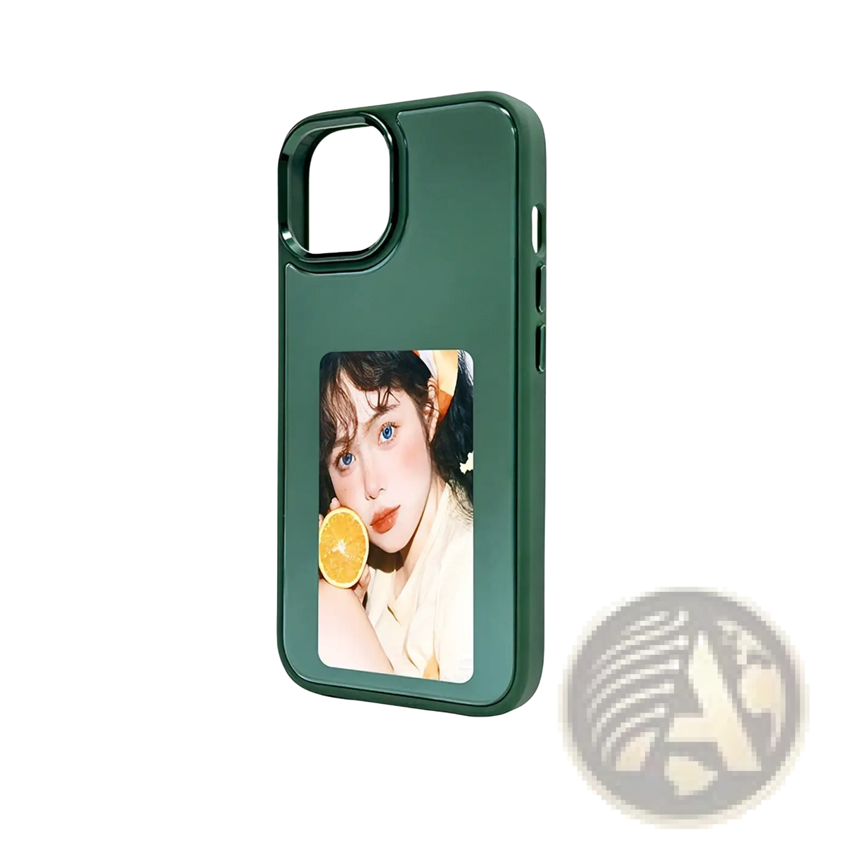 Dark green glossy nfc e-ink projection phone case with kickstand showing back featuring woman holding orange slice