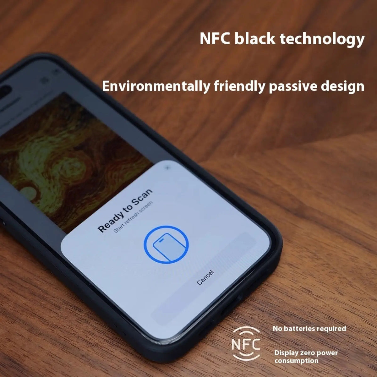 Black nfc e-ink projection phone case with sleek minimalist design and kickstand enabling contactless scanning without batteries back side