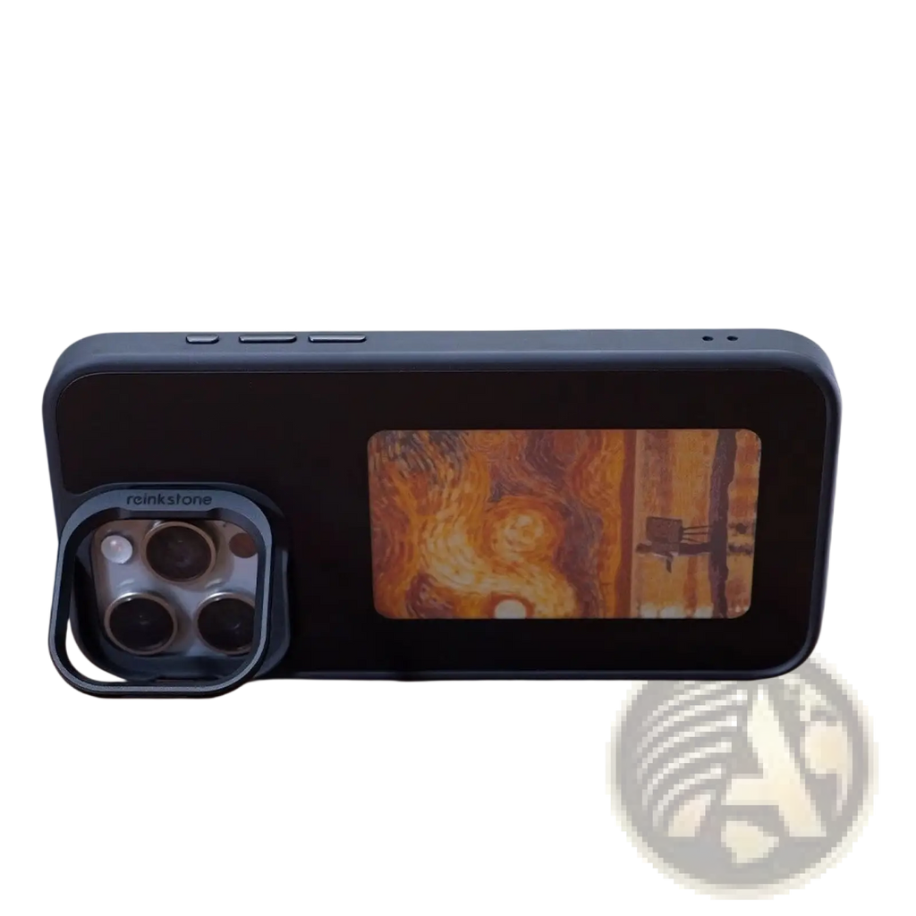 Black reinkstone nfc e-ink projection phone case with kickstand and multi-angle lens holder for phone photography