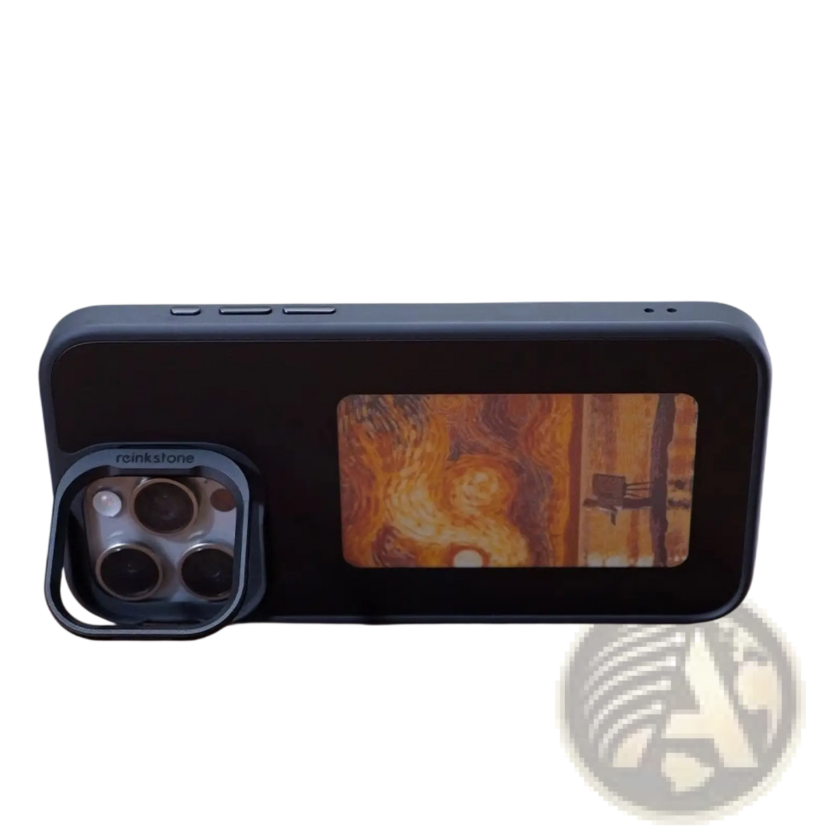 Black reinkstone nfc e-ink projection phone case with kickstand and multi-angle lens holder for phone photography