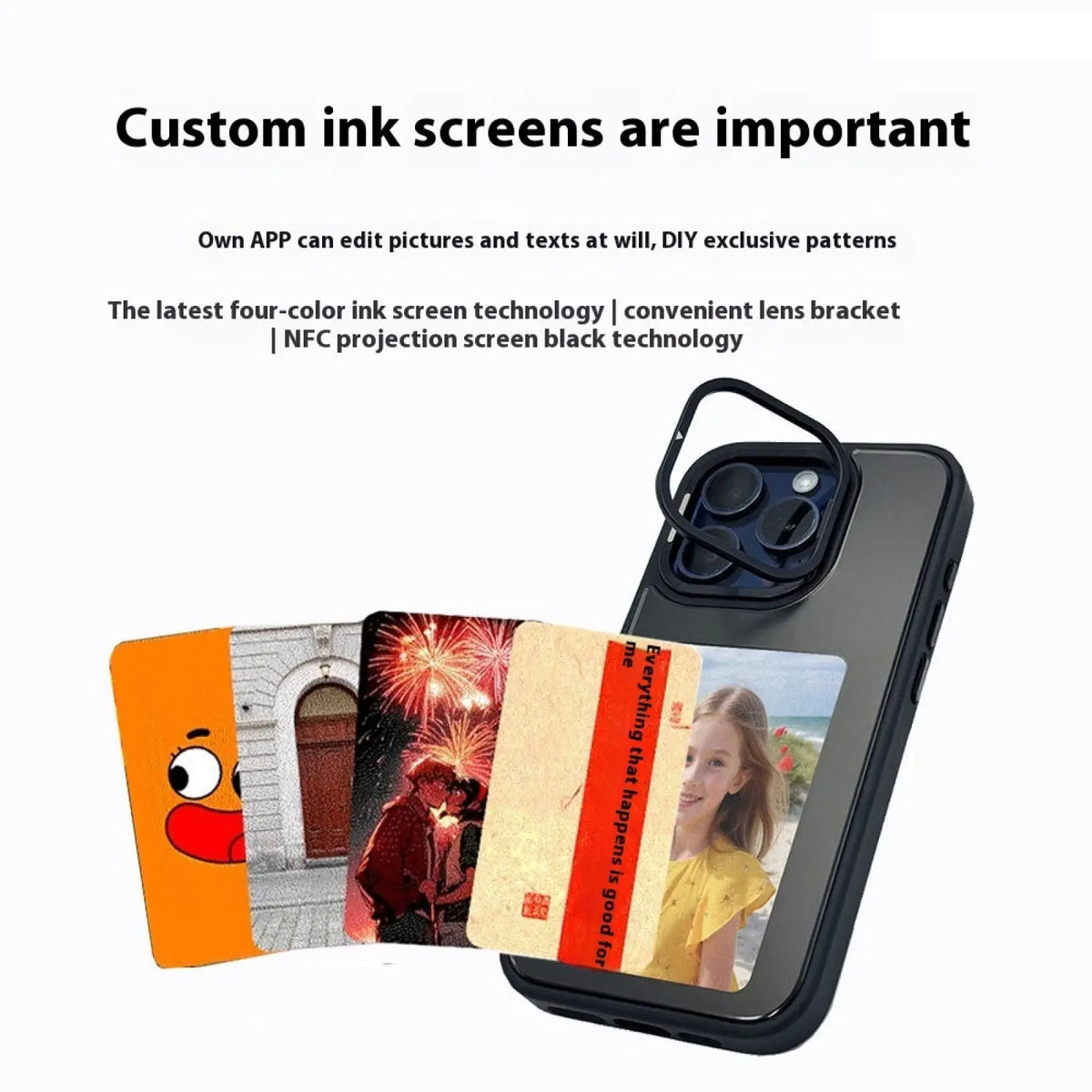 Black nfc e-ink projection phone case with built-in screen displaying personalized photos and kickstand on the back side