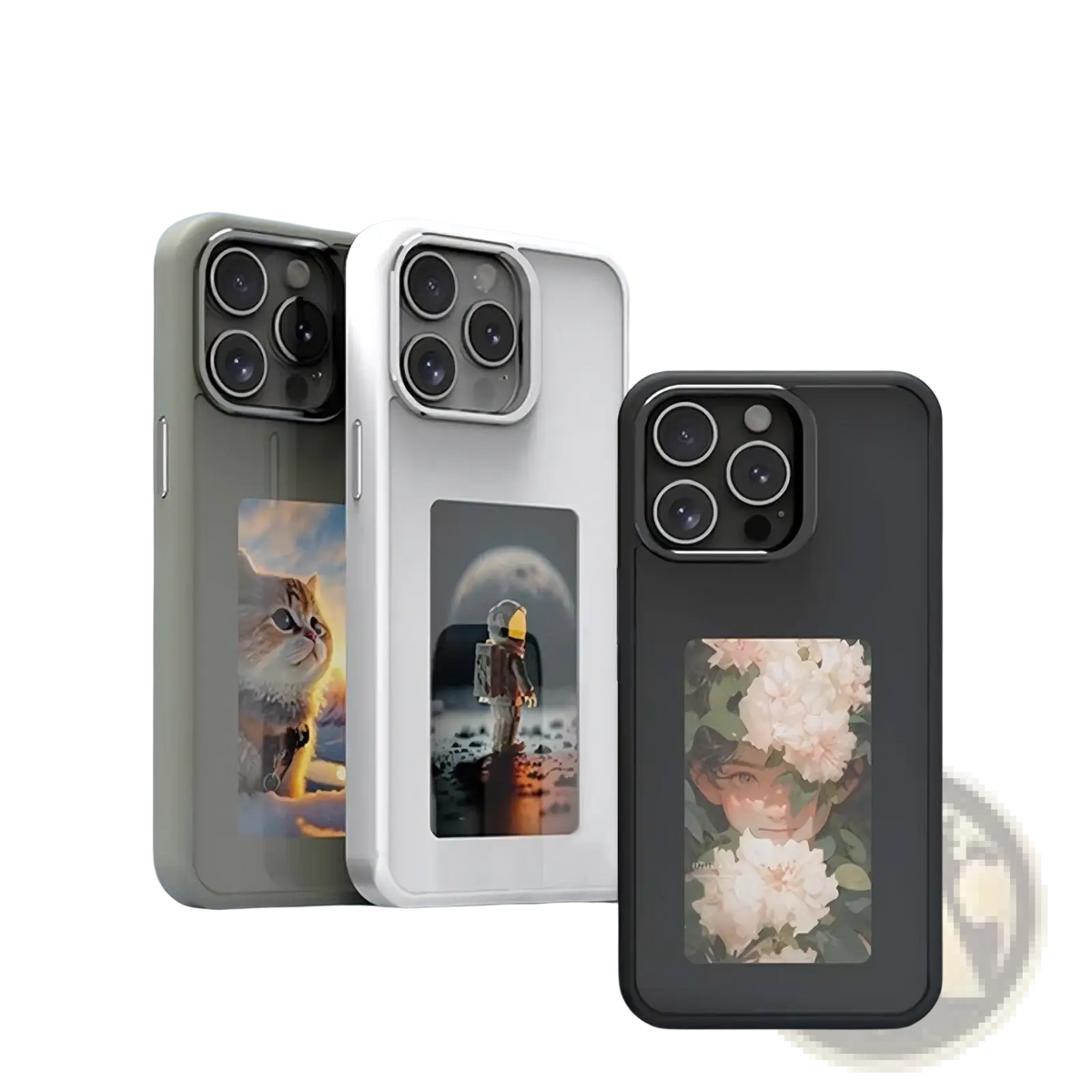 Three modern nfc e-ink projection phone cases with kickstand in gray white and black showing vibrant screen designs