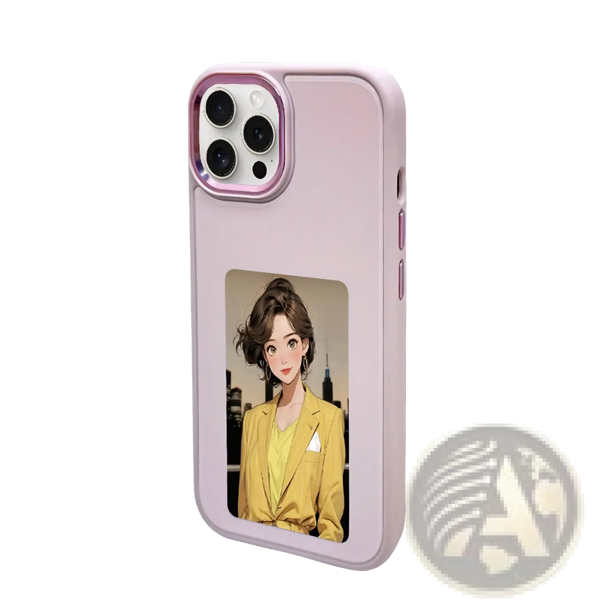 Back side of a soft pink nfc e-ink projection phone case with glossy finish and illustrated woman in yellow blazer against cityscape