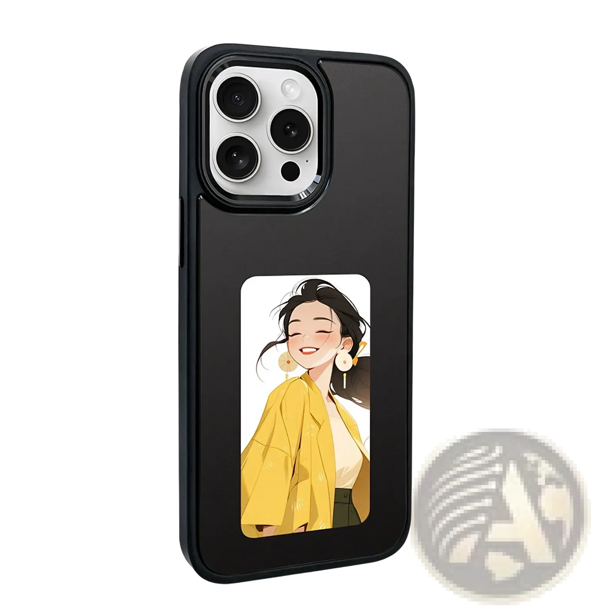 Black nfc e-ink projection phone case with kickstand showing back side featuring anime woman in yellow jacket illustration