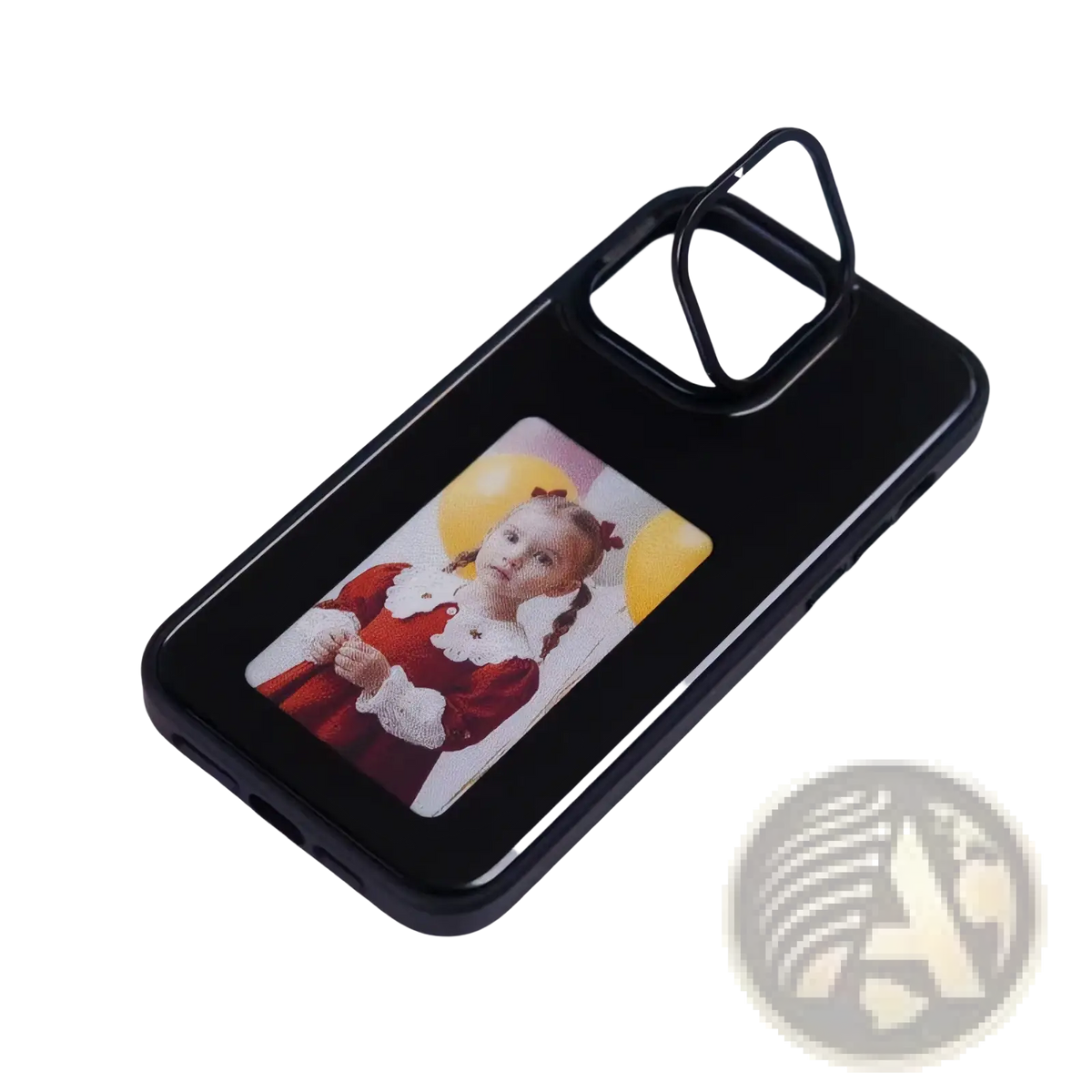 Black nfc e-ink projection phone case with built-in kickstand showing back with photo of girl in red dress holding balloons
