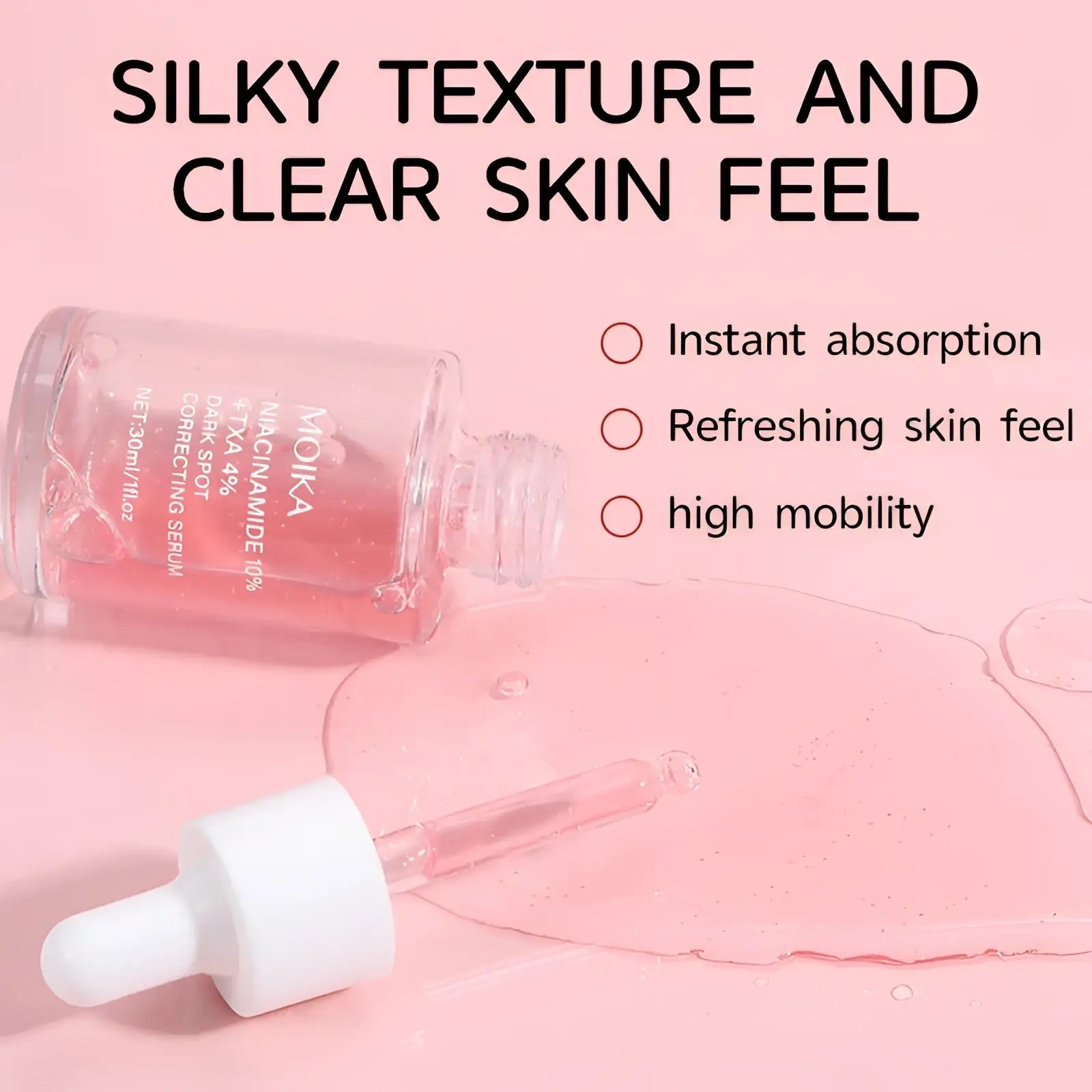 A clear glass dropper bottle with white cap contains pink niacinamide 10% Txa 4% dark spot correcting serum