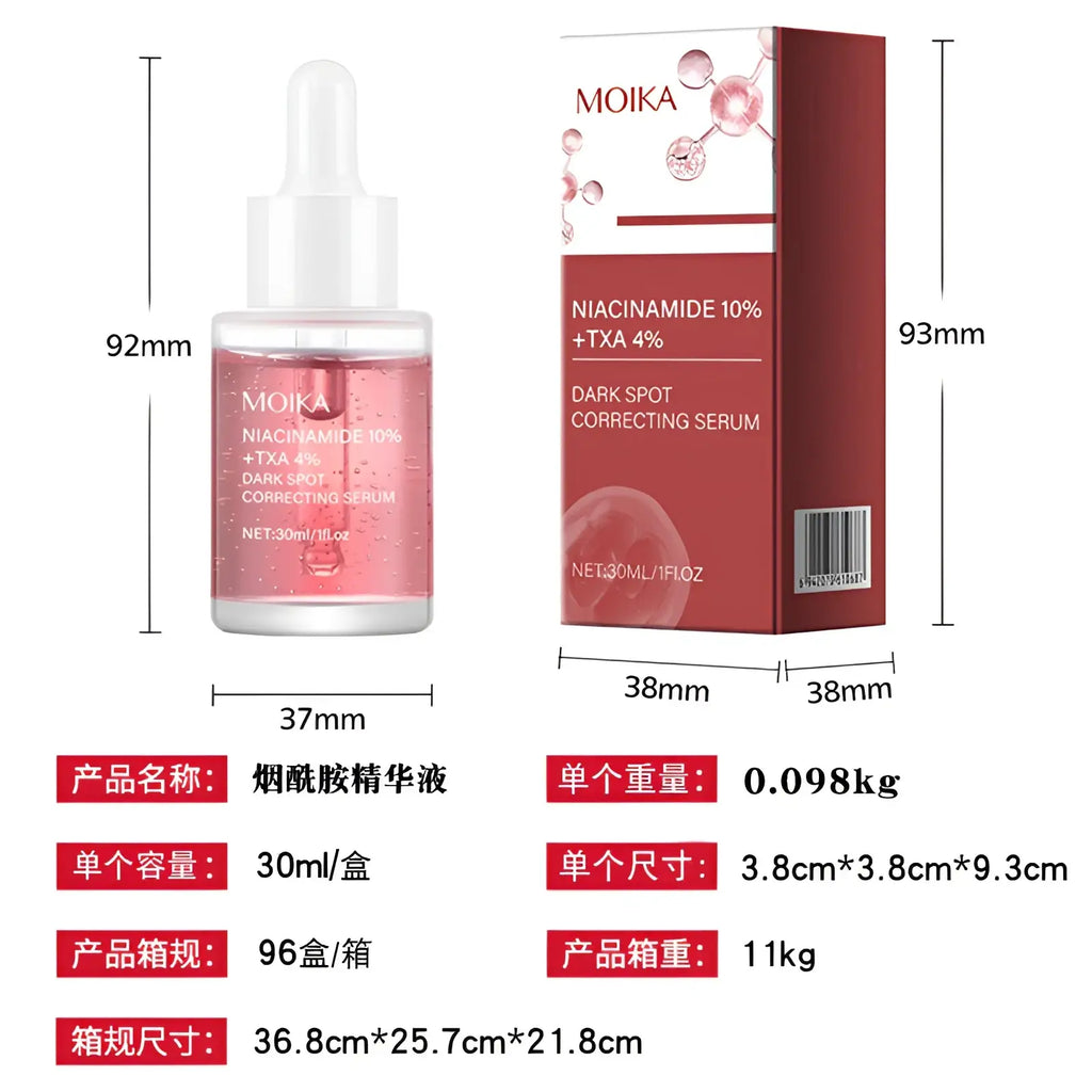 Moika niacinamide 10% txa 4% dark spot correcting serum in clear glass bottle with white dropper cap containing pink liquid