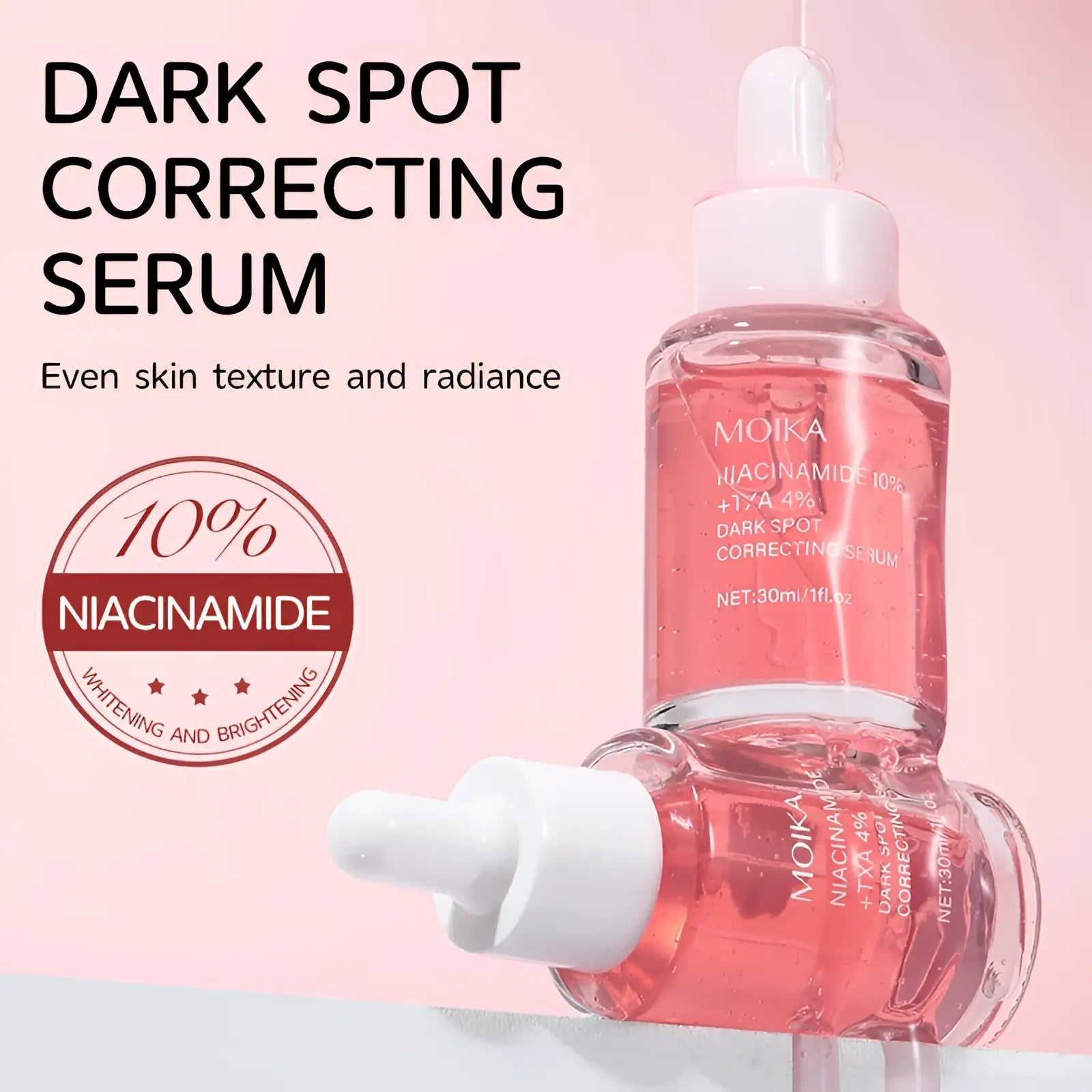 Clear glass bottle with white dropper cap containing pink niacinamide 10 percent dark spot correcting serum