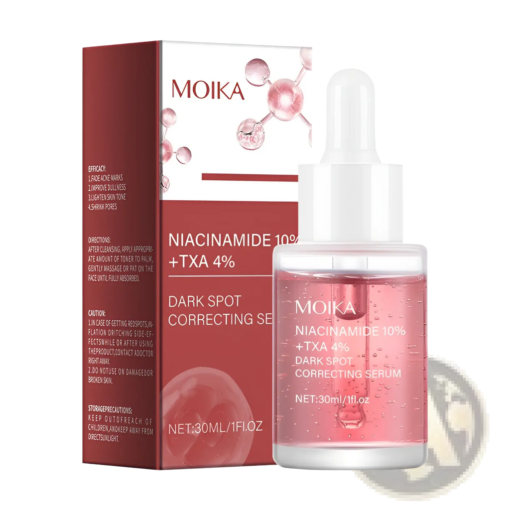 A clear glass bottle with white dropper cap contains pink moika niacinamide 10% txa 4% dark spot correcting serum
