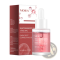 A clear glass bottle with white dropper cap contains pink moika niacinamide 10% txa 4% dark spot correcting serum