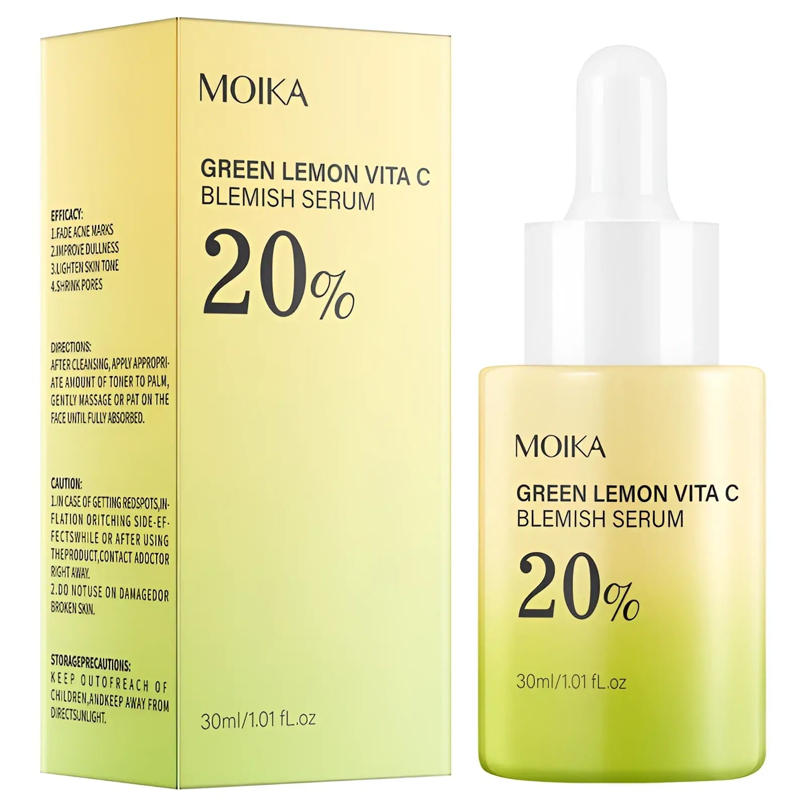 Moika green lemon vita c niacinamide 10% txa 4% dark spot serum in 30ml yellow gradient bottle with white dropper cap and box