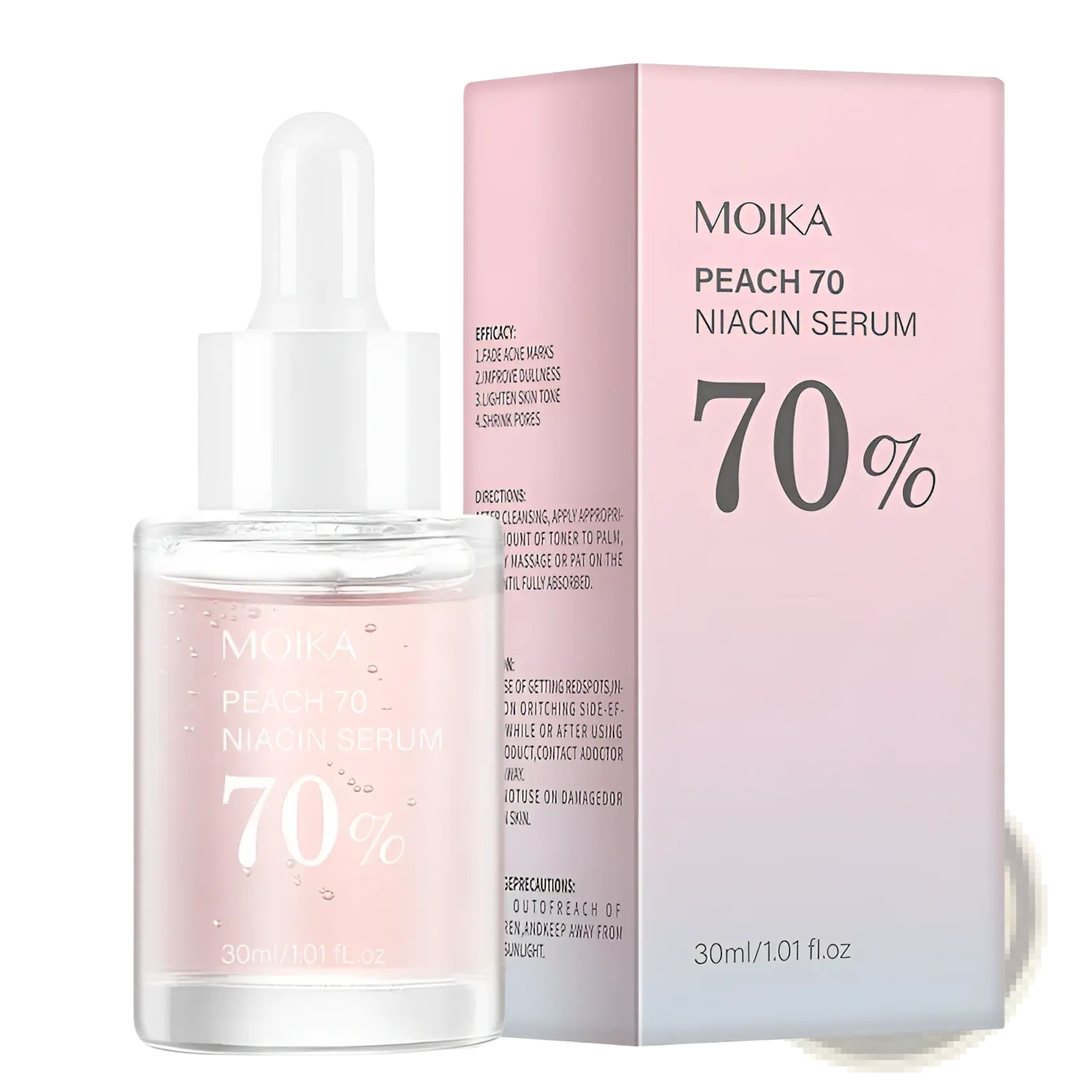 A clear glass bottle with white dropper cap containing pink moika peach 70 percent niacin serum next to matching box
