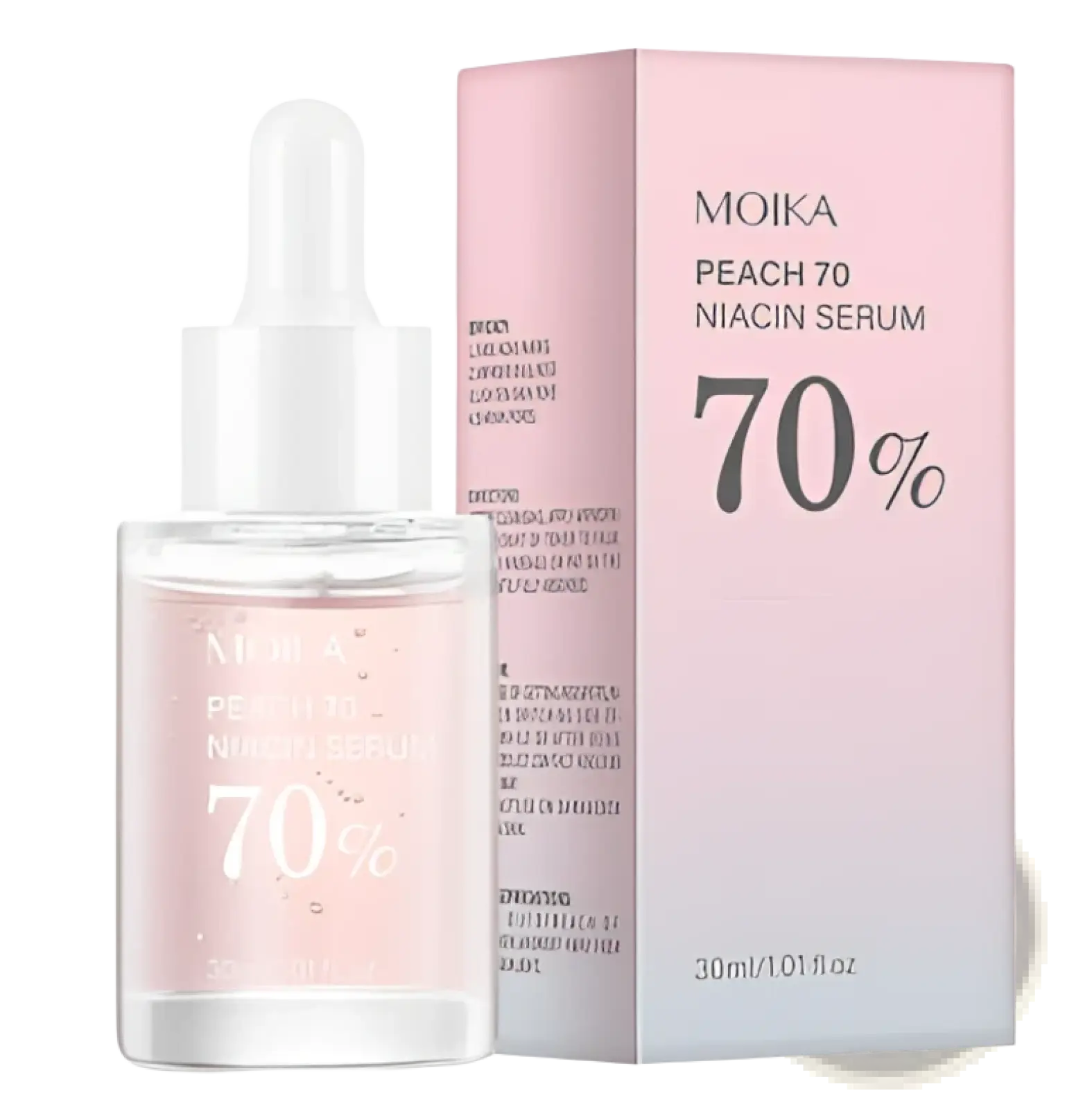 A clear glass bottle with a white dropper cap containing pink moika peach 70 niacin serum for dark spot correction