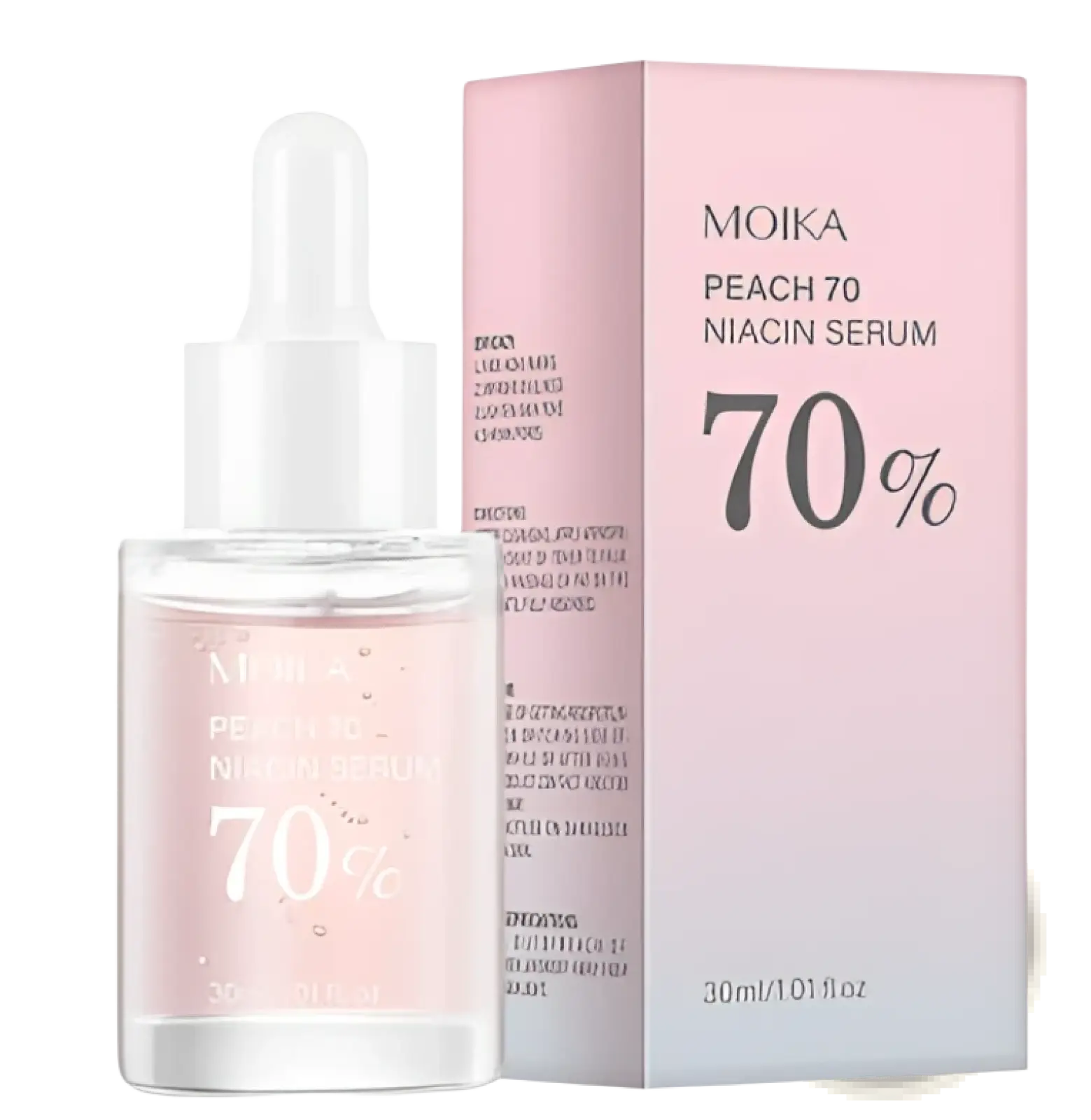 A clear glass bottle with white dropper cap containing pink moika peach 70 niacin serum for dark spot correction