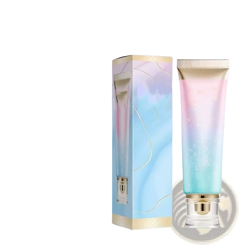 A gradient-hued iridescent tube of niacinamide brightening toothpaste with a gold cap and clear base for fresh breath 100g