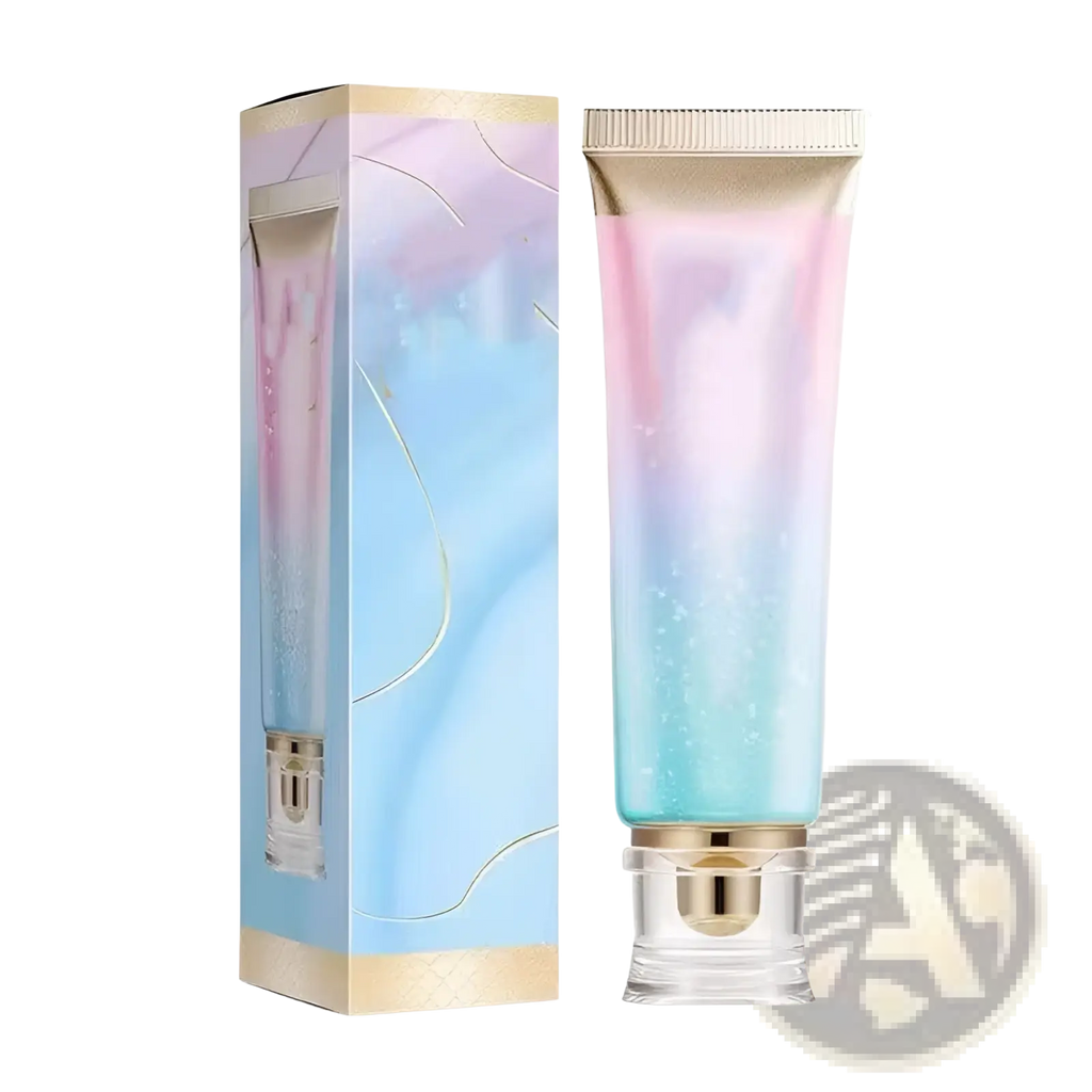 A gradient-hued iridescent tube of niacinamide brightening toothpaste with a gold cap and clear base for fresh breath 100g