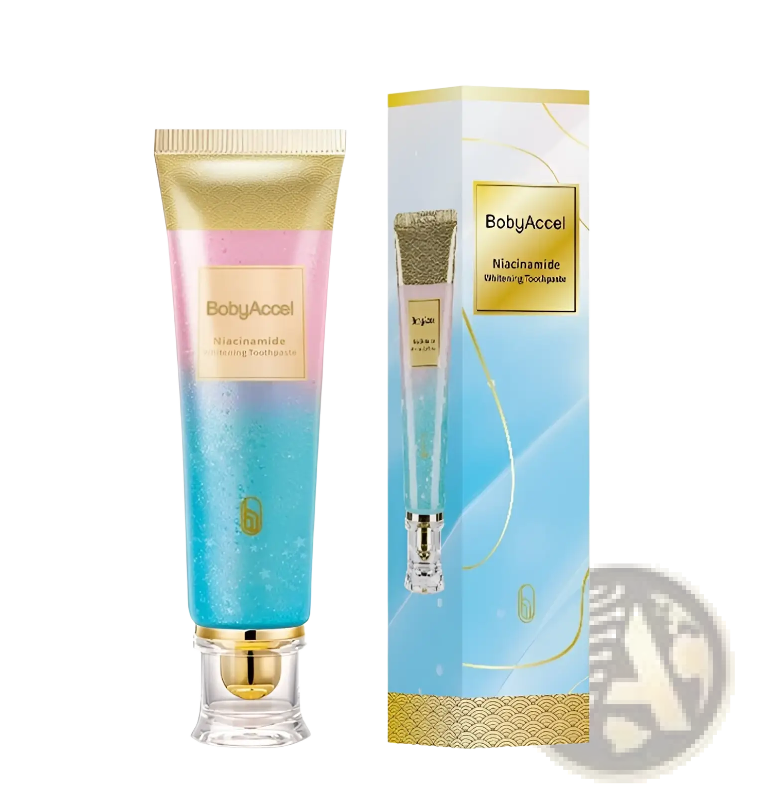 Bobbyaccel niacinamide whitening toothpaste in a pink to blue gradient tube with gold accents and matching box 100g