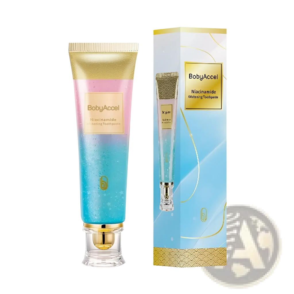 Bobyaccel niacinamide whitening toothpaste for men and women 100g in a pink to blue gradient tube with gold accents and clear cap beside packaging