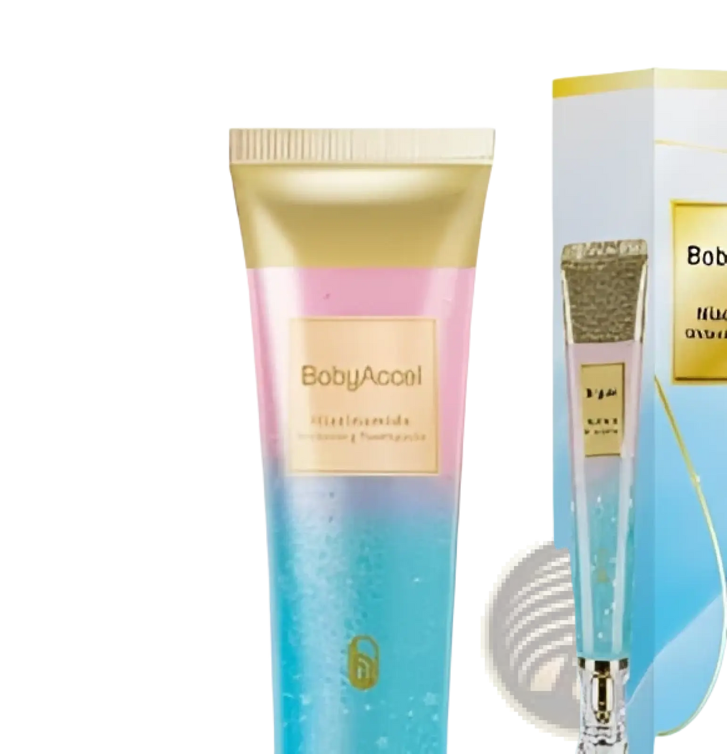 Babyacool niacinamide whitening toothpaste tube 100g with gradient pink blue design gold cap and transparent body showing product inside