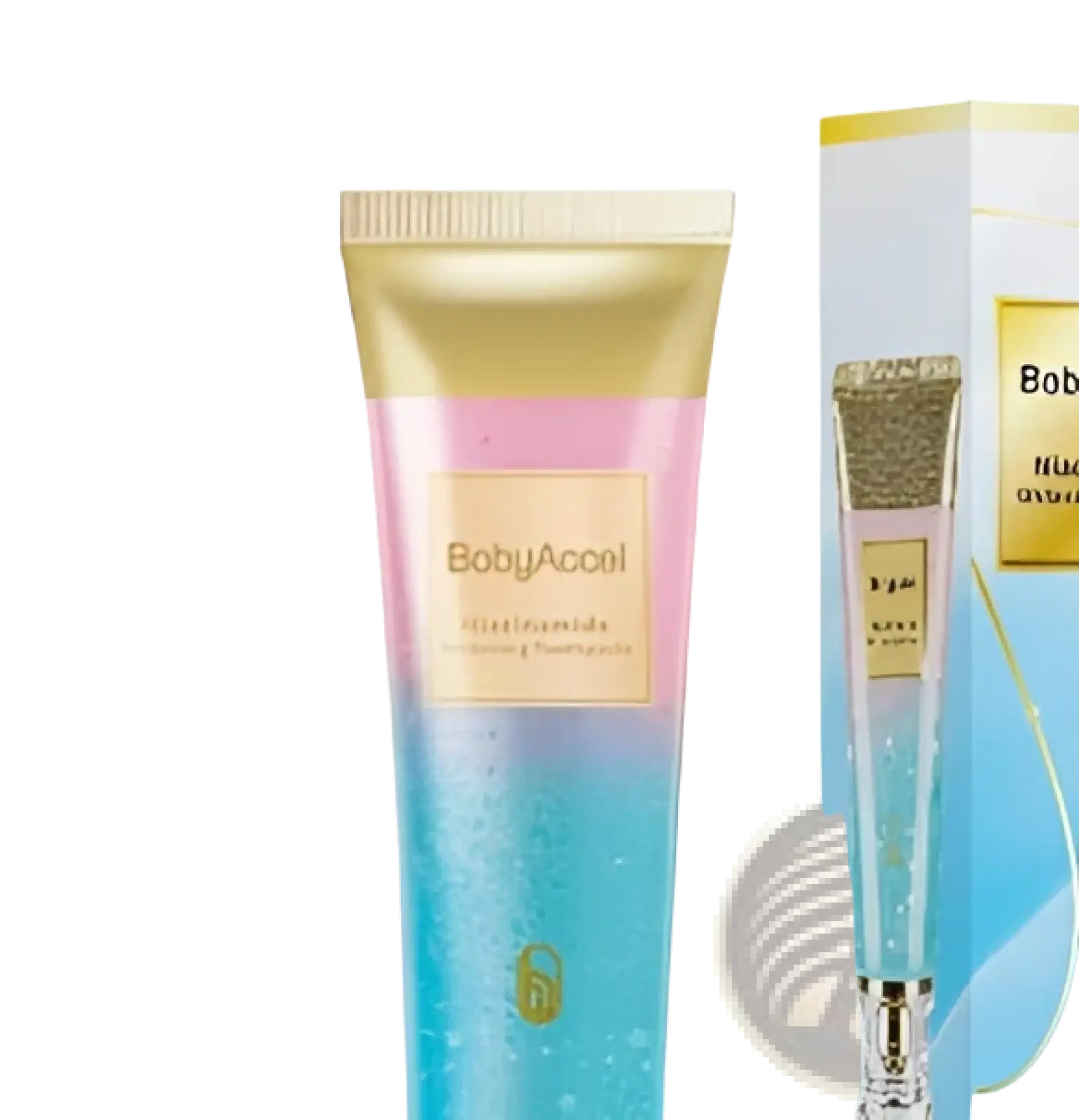 Babyacool niacinamide whitening toothpaste tube 100g with gradient pink blue design gold cap and transparent body showing product inside