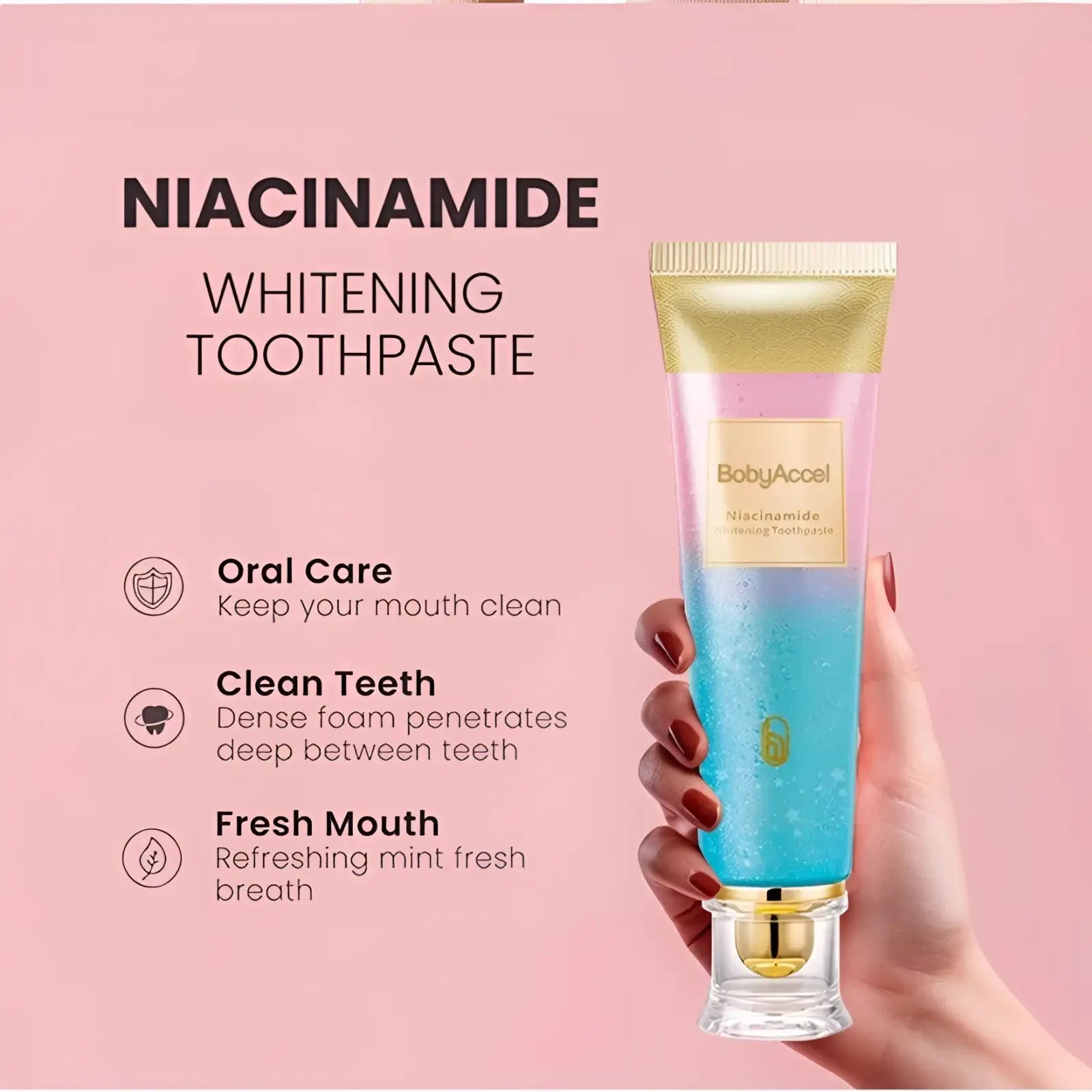 A sleek gradient blue and pink niacinamide whitening toothpaste tube with gold cap and base for men and women 100g
