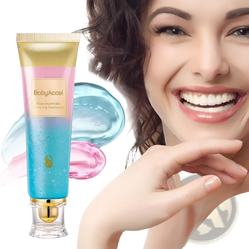 A vibrant blue and pink gradient tube of babyaccel niacinamide whitening toothpaste with a gold cap and clear base for men and women 100g