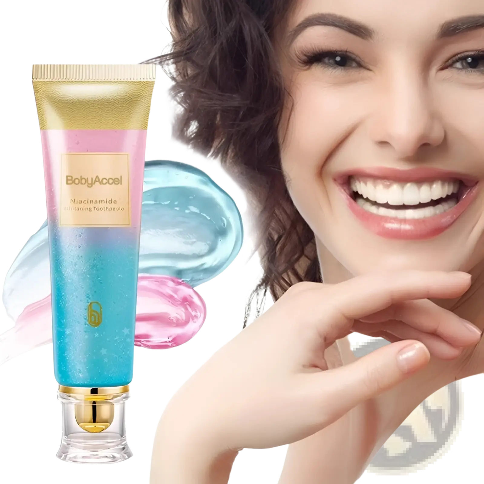 A vibrant blue and pink gradient tube of babyaccel niacinamide whitening toothpaste with a gold cap and clear base for men and women 100g