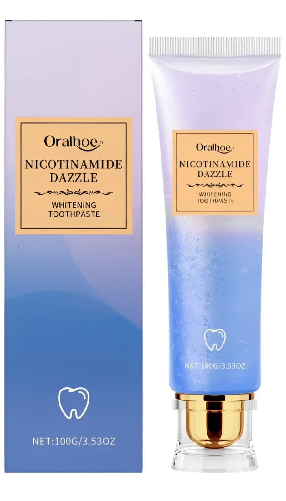 Niacinamide whitening toothpaste oral b dazzle mint in a gradient blue tube with gold cap and matching box
