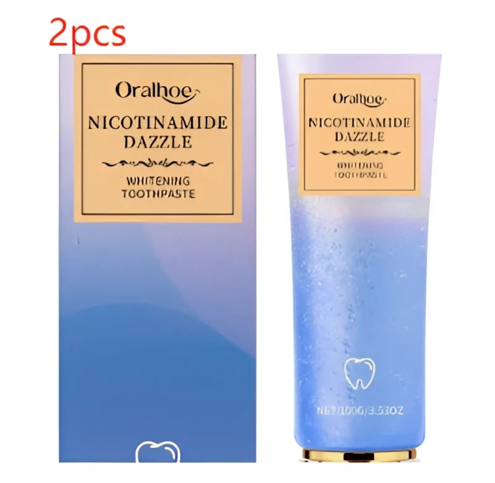Two tubes of oral b niacinamide whitening toothpaste with blue and purple gradient design and sparkling effects on the surface