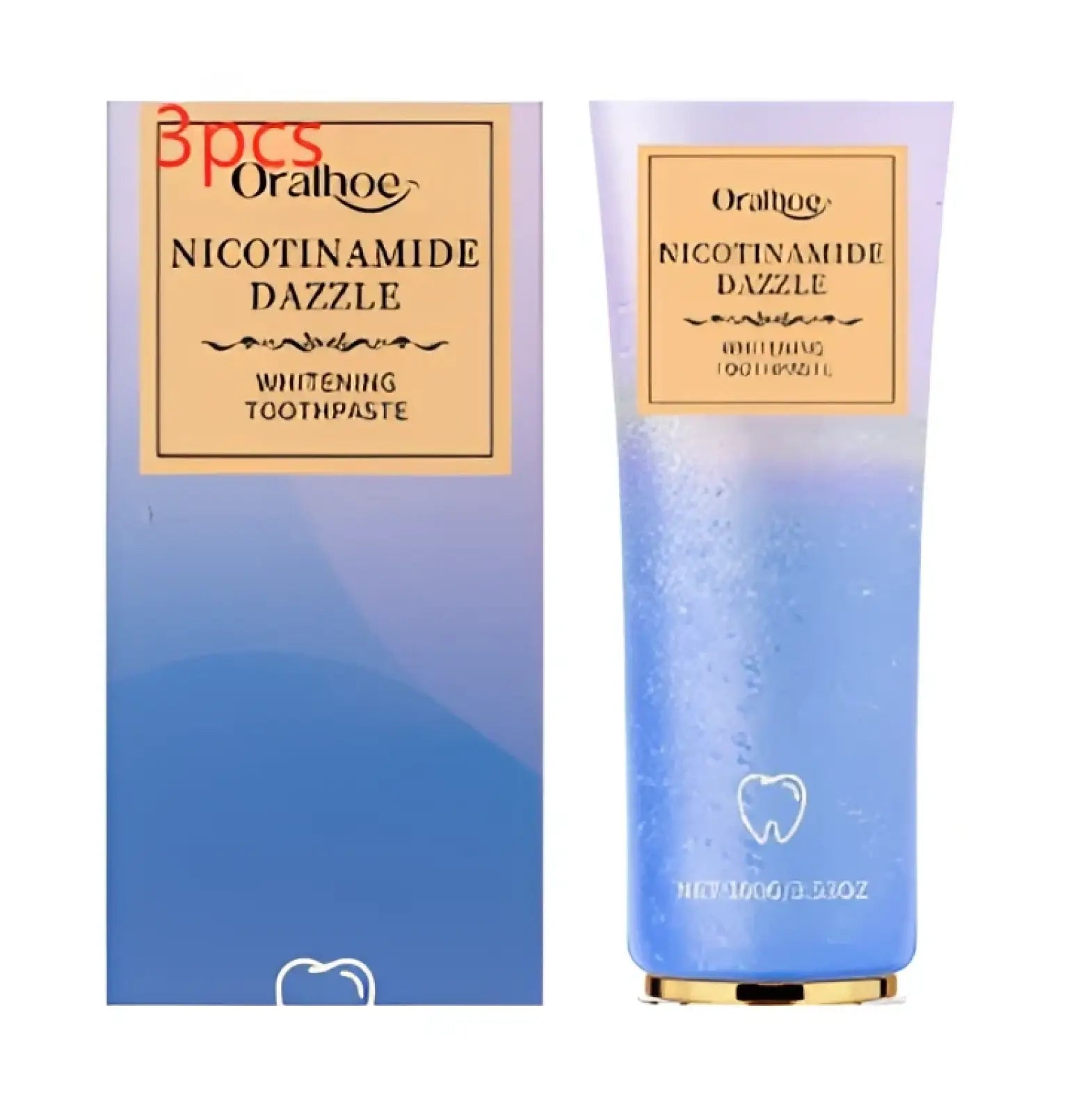 Blue gradient tube of oral b nicotinamide dazzle whitening toothpaste with gold cap and matching box for mint cleaning