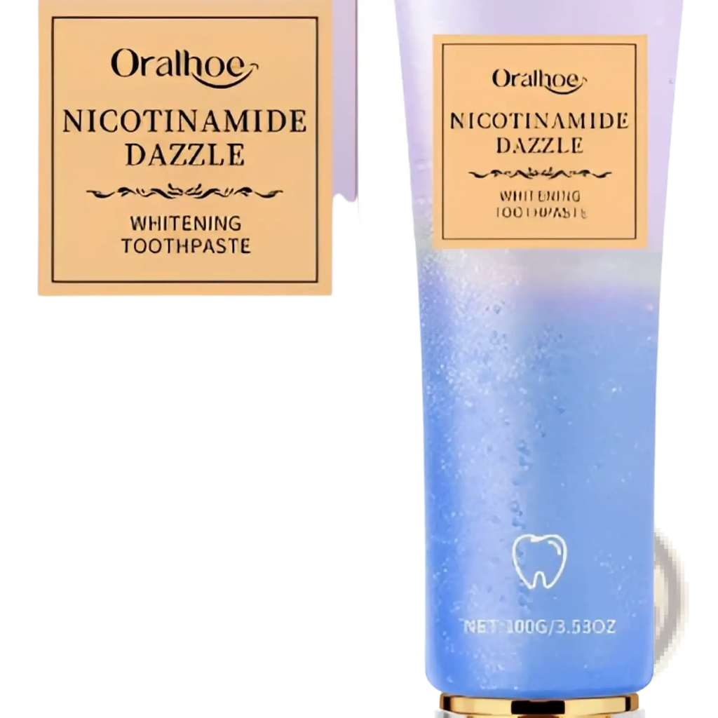 Oralhog niacinamide whitening toothpaste in a translucent blue tube with gold cap and matching box for oral b dazzle mint